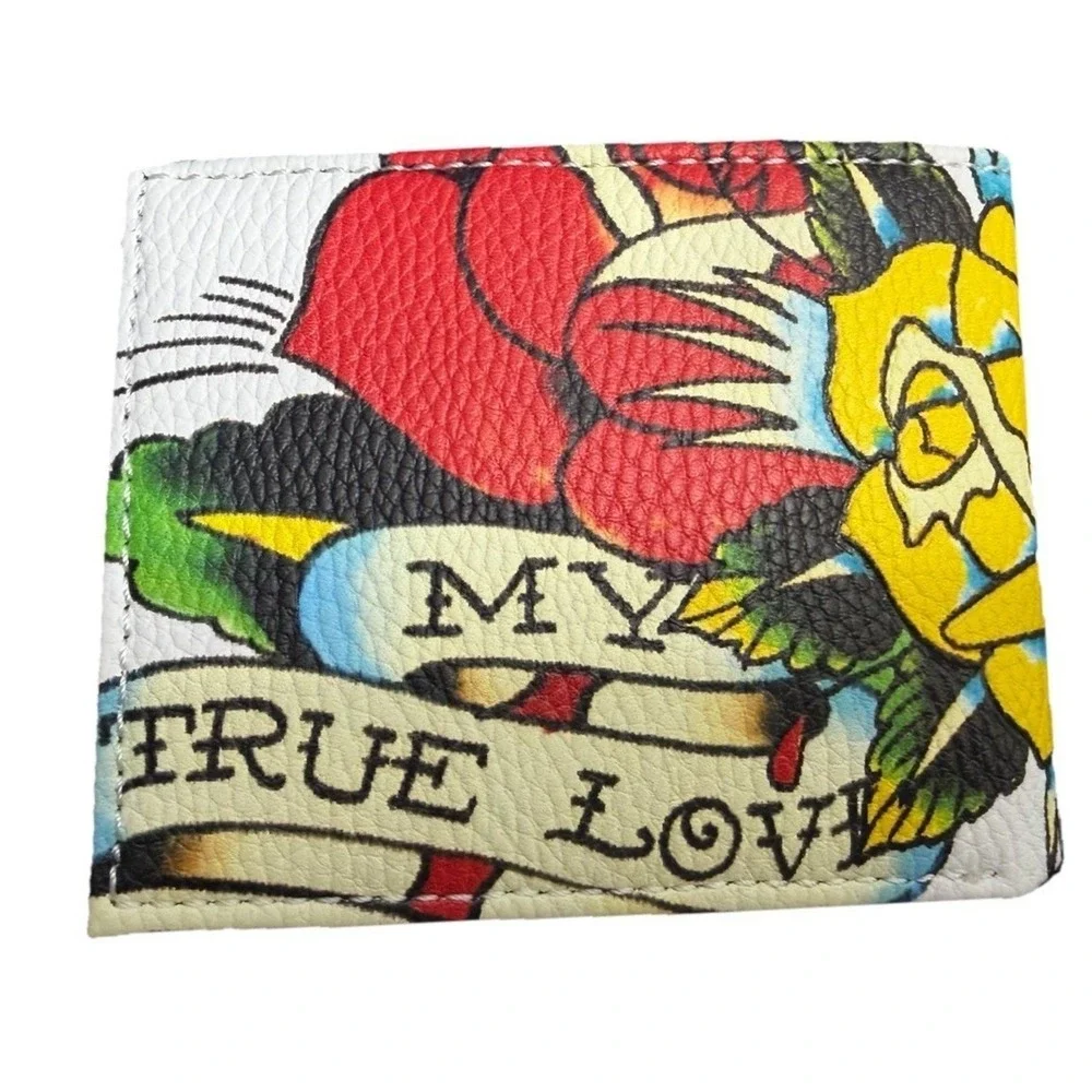 Ed Hardy Men Offwhite Wallet Bi-fold Valet Tray PU Leather My Love True Tattoo